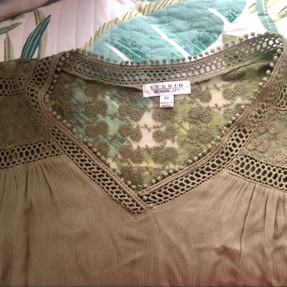 Studio JP Woman’s Army Green Lace Blouse 2X - Picture 6 of 10